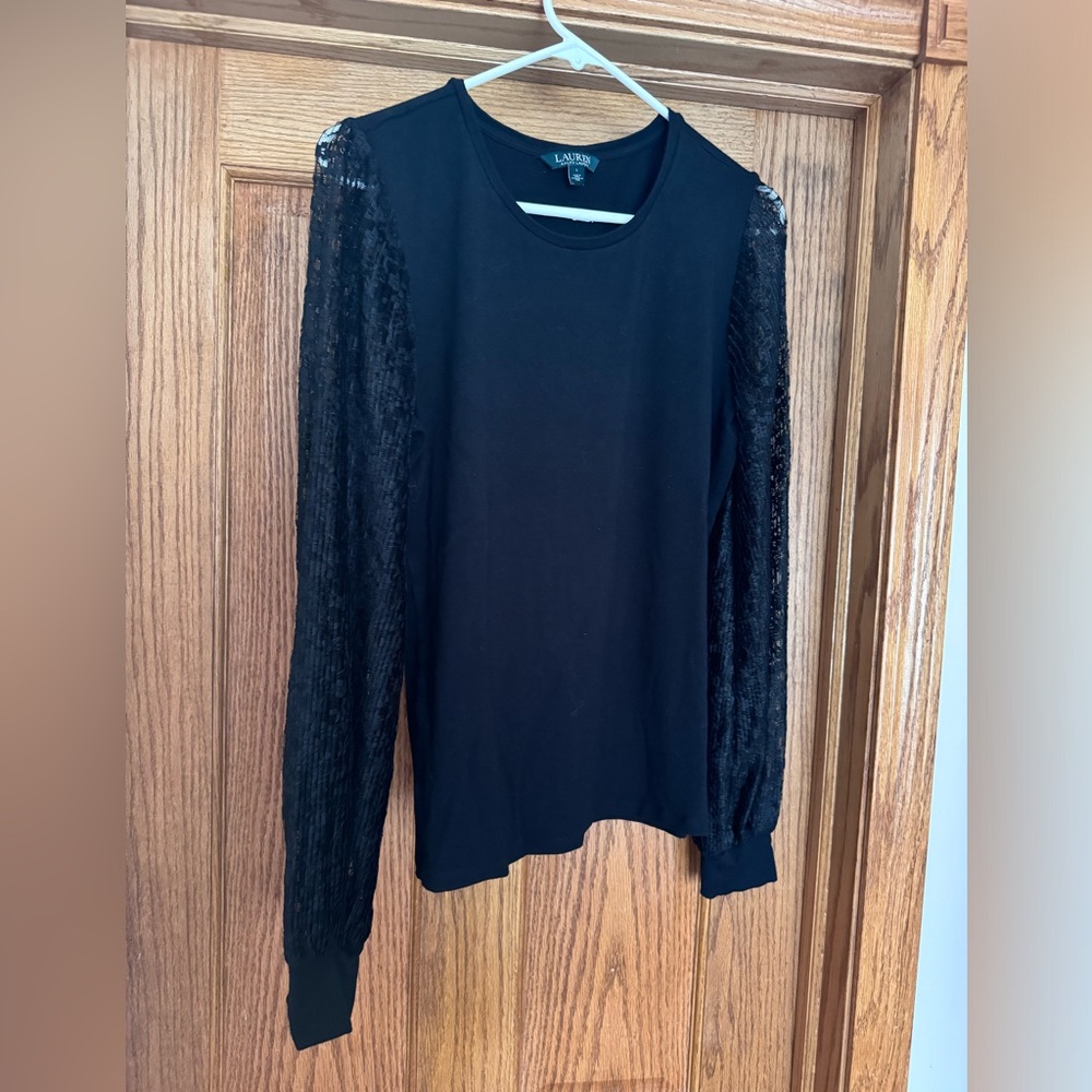 Black Ralph Lauren blouse with lace long sleeve detail, size L, NWOT
